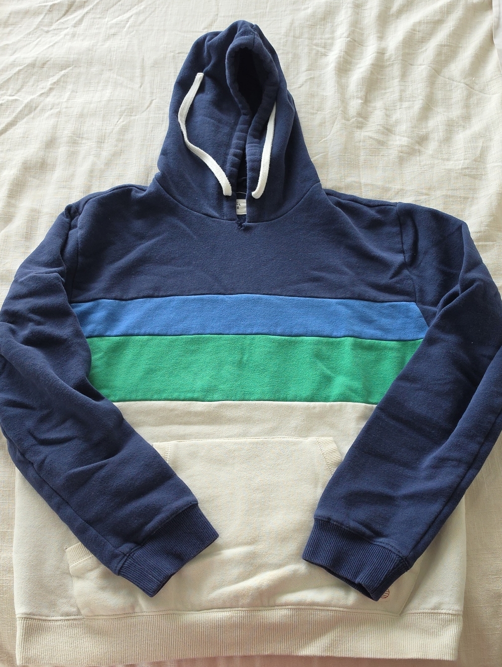 Marine Layer Navy Hooded Sweatshirt with Blue, Green & Cream Stripes